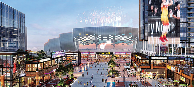 Conceptual renderings show a redesigned Delta Center and plaza, which would anchor a proposed sports and entertainment district in west downtown Salt Lake City. - SMITH ENTERTAINMENT GROUP